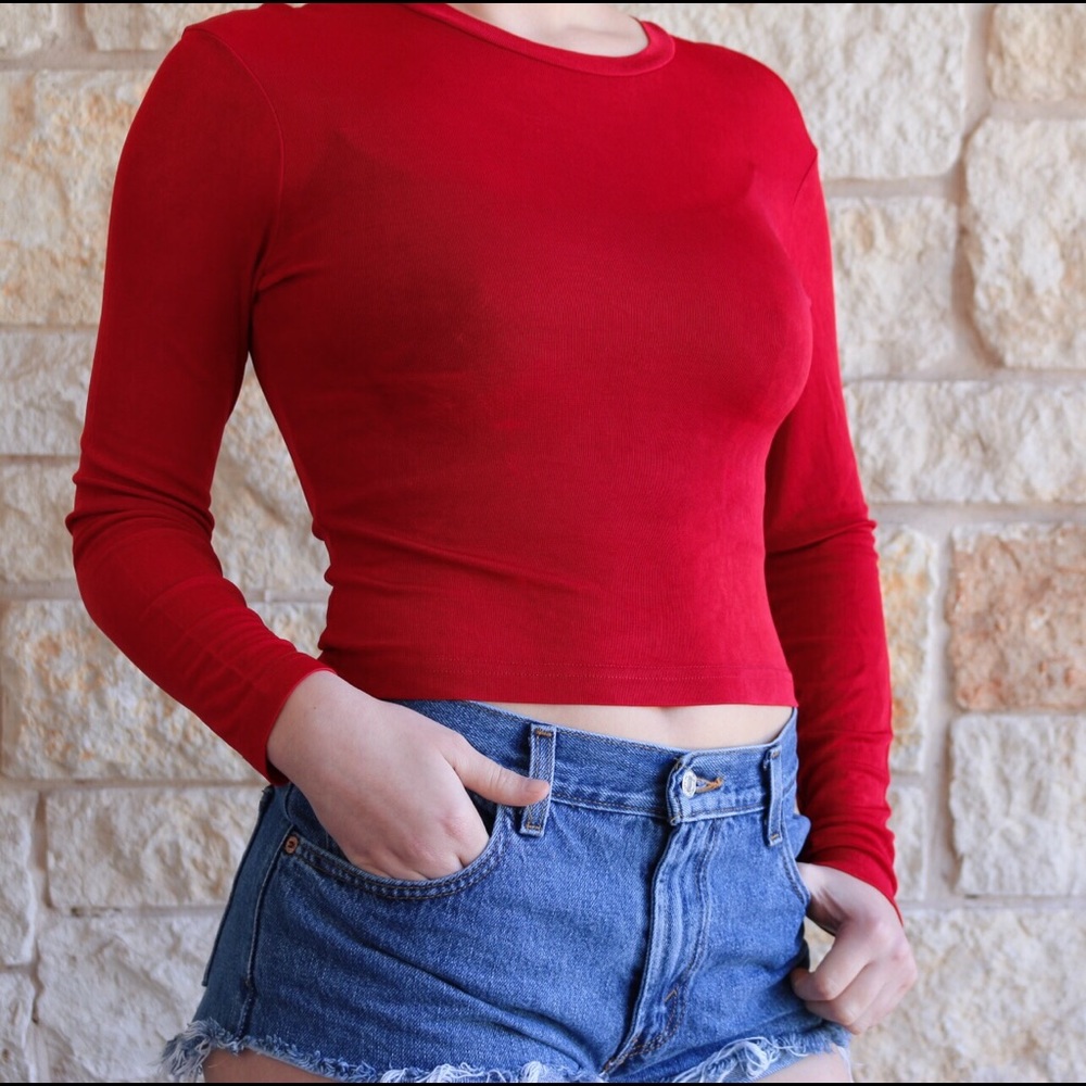 KNITWORKS Red Sheer Long Sleeve Crop Top - Picture 1 of 5